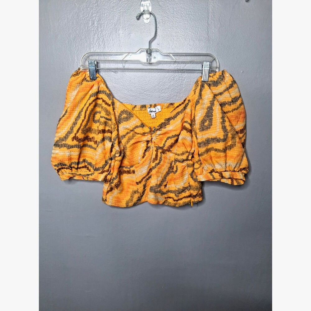 Sam Edelman Karen Crosshatch Wave Puff Sleeve Crop Top Warm Apricot Smocked M